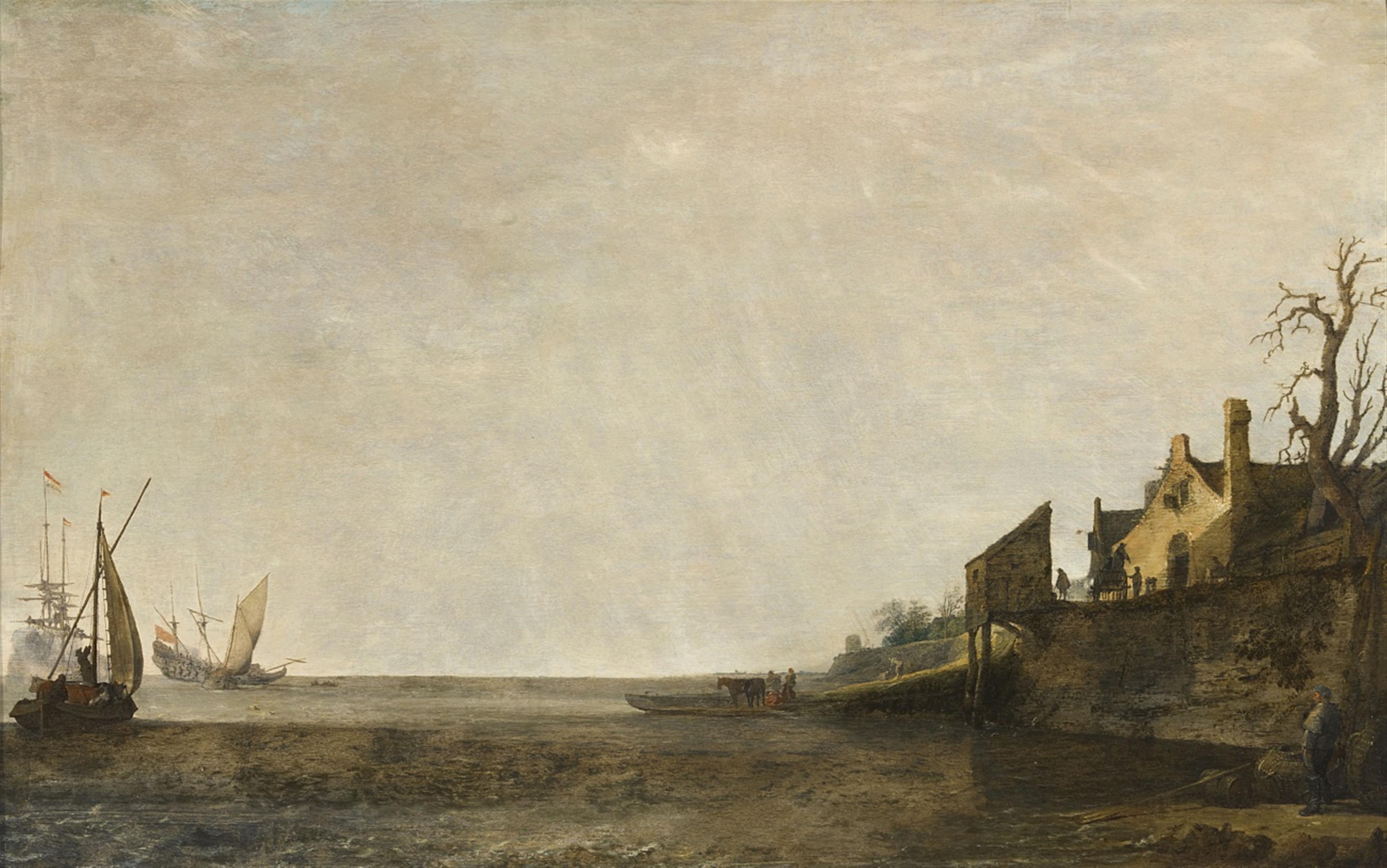 Simon de Vlieger - Ankernde Schiffe vor einem Deich