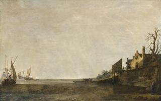 Simon de Vlieger - Ankernde Schiffe vor einem Deich