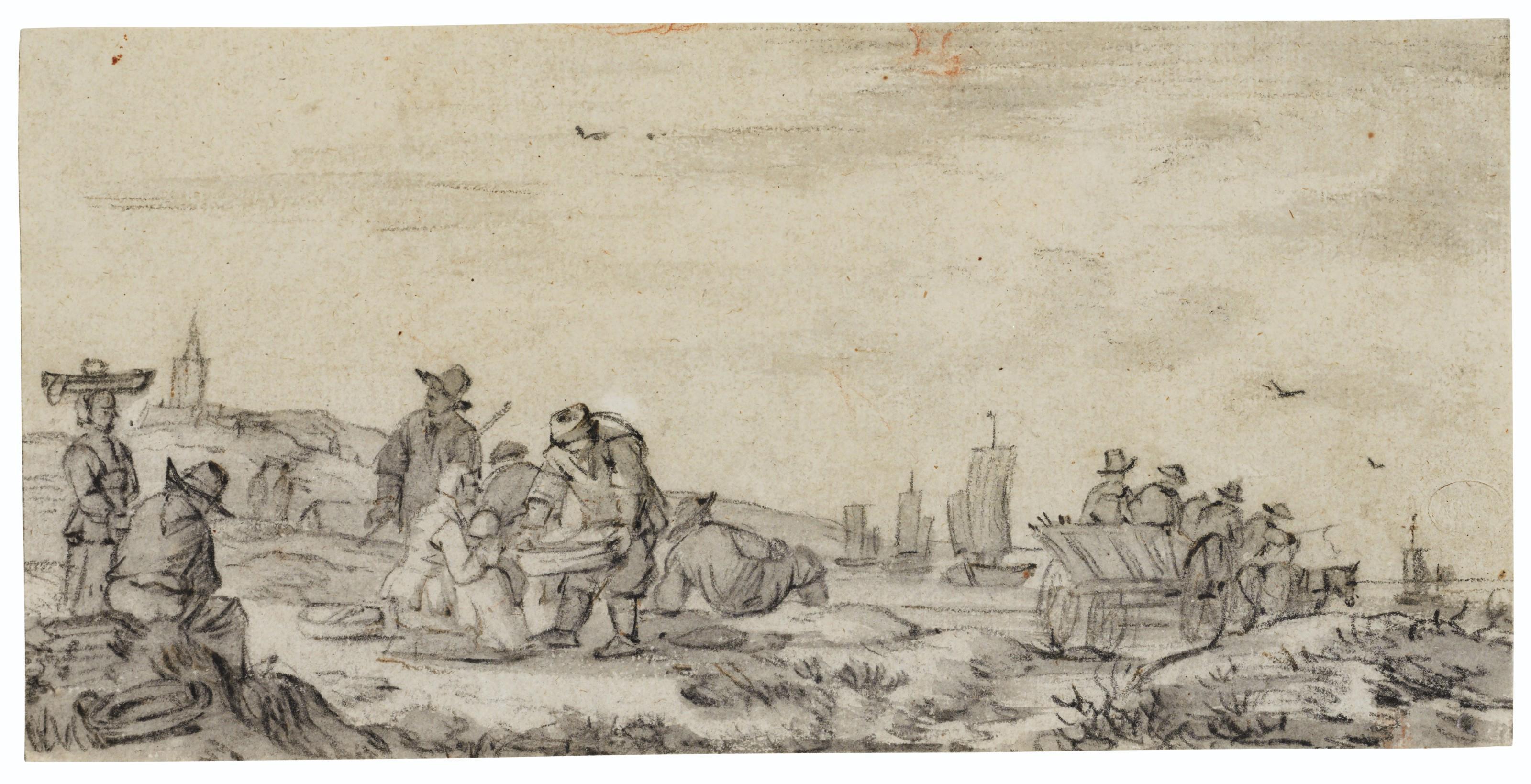 Simon De Vlieger - The beach at Scheveningen, with a cart and fishing boats