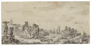Simon De Vlieger - The beach at Scheveningen, with a cart and fishing boats