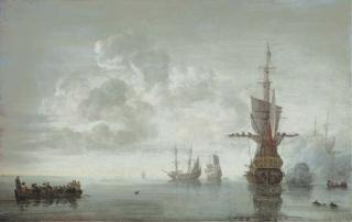Simon De Vlieger - The squadron of Admiral Maarten van Tromp preparing to make sail, the flagship Aemilia firing a salute for the Admiral in his barge
