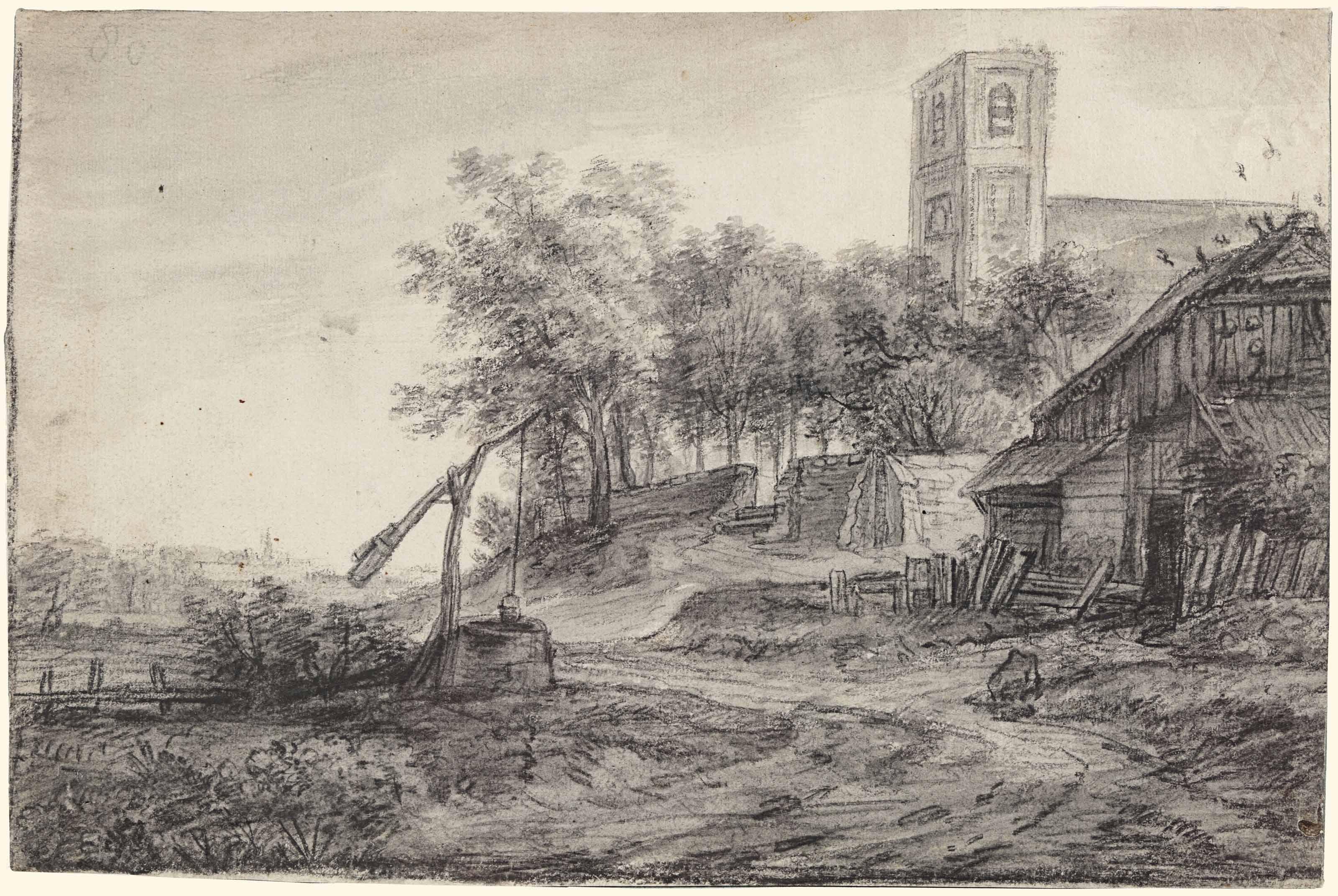 Simon De Vlieger - View of a village road with a well by a church