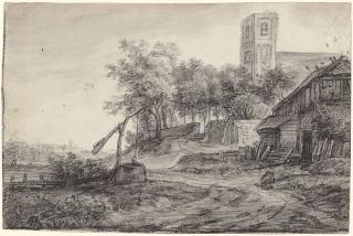Simon De Vlieger - View of a village road with a well by a church