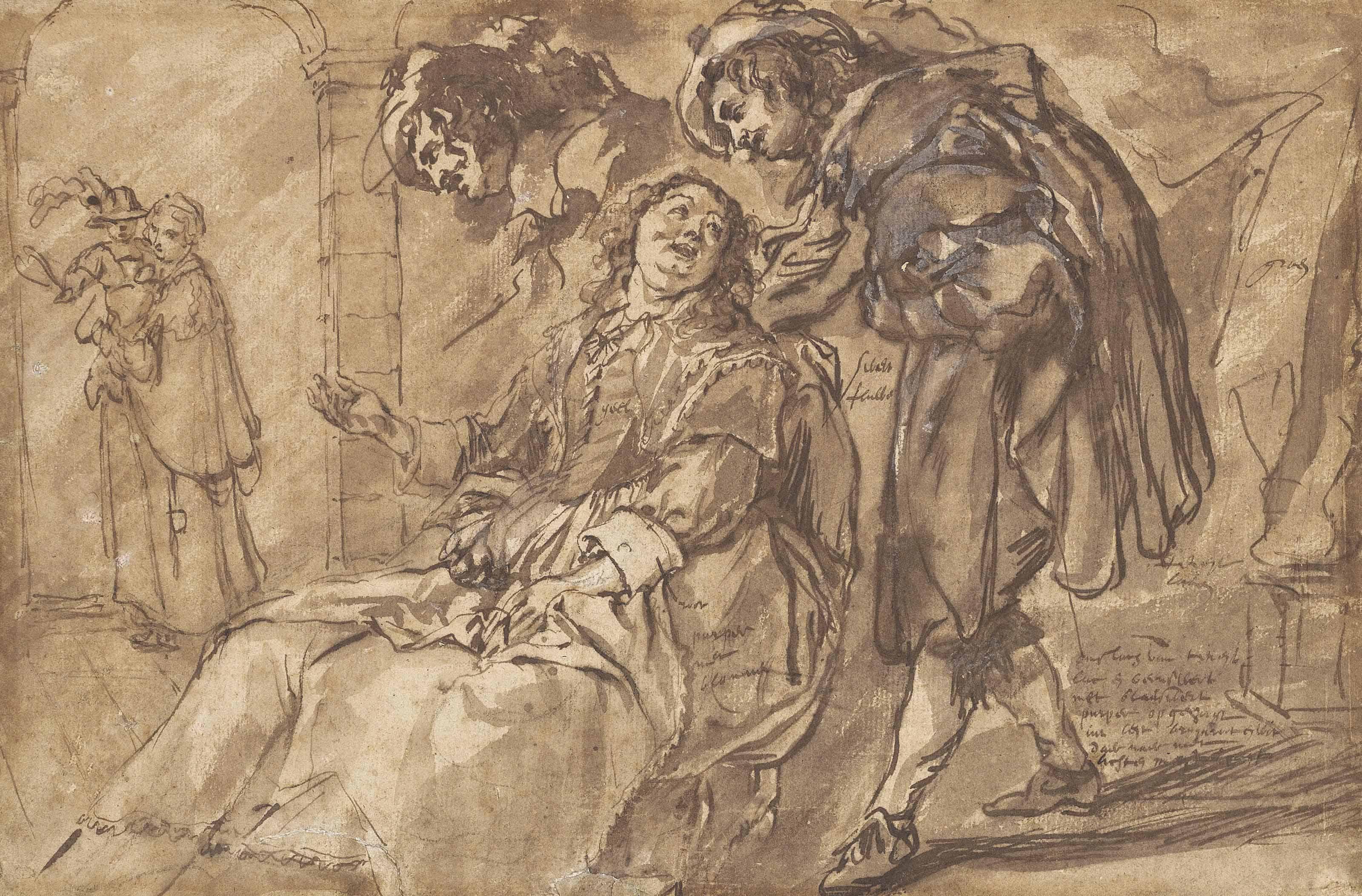Simon de Vos - A Lady And A Cavalier In An Interior, With A Woman Holding A Child Beyond