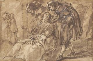 Simon de Vos - A Lady And A Cavalier In An Interior, With A Woman Holding A Child Beyond