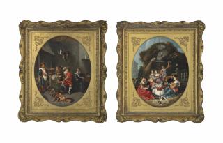 Simon De Vos - The interior of a kitchen with a fortune teller reading the palm of a finely dressed gentleman, with other figures and children; A merry company making music beneath a fountain