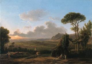 Simon Denis - An Italianate Landscape with a family before a hut, a town beyond