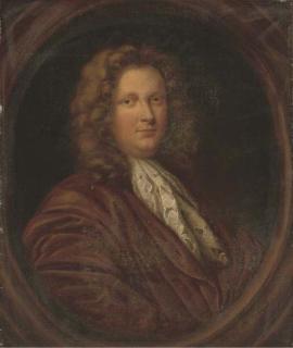 Simon du Bois - Portrait of a gentleman, quarter-length, in a brown coat and white cravat, in a feigned cartouche