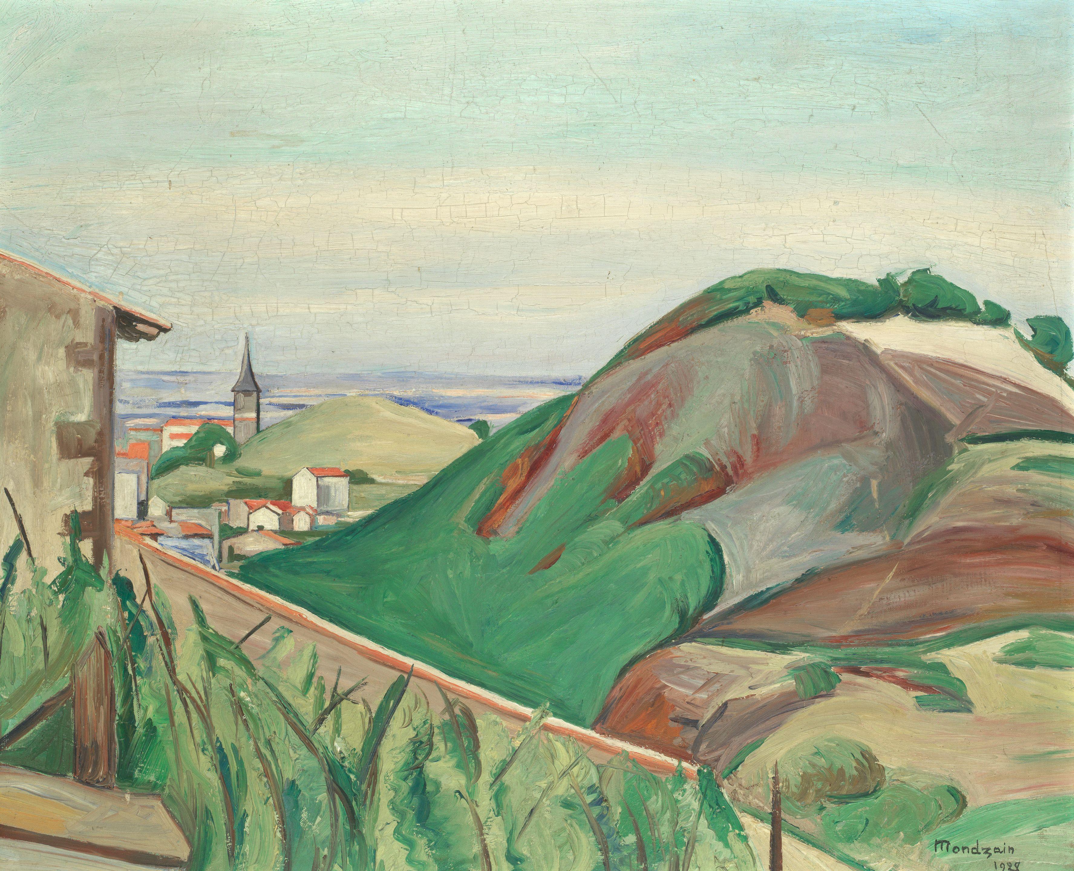 Simon François Stanislas Mondzain - A Hillside Village, The Sea Beyond