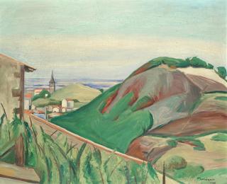 Simon François Stanislas Mondzain - A Hillside Village, The Sea Beyond