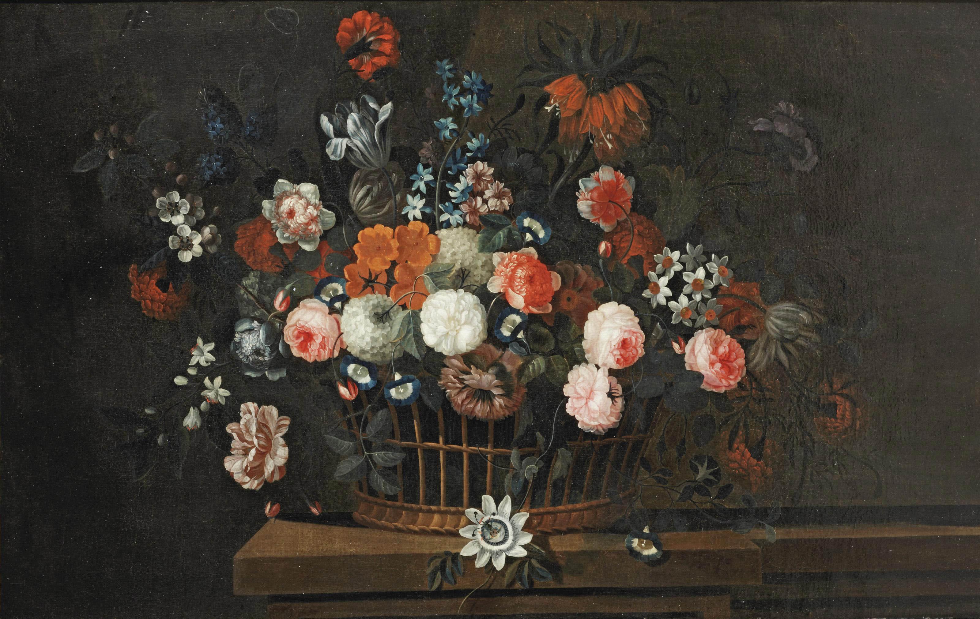 Simon Hardimé - A wicker basket with roses, tulips, hyacinths and other flowers, on a wooden ledge