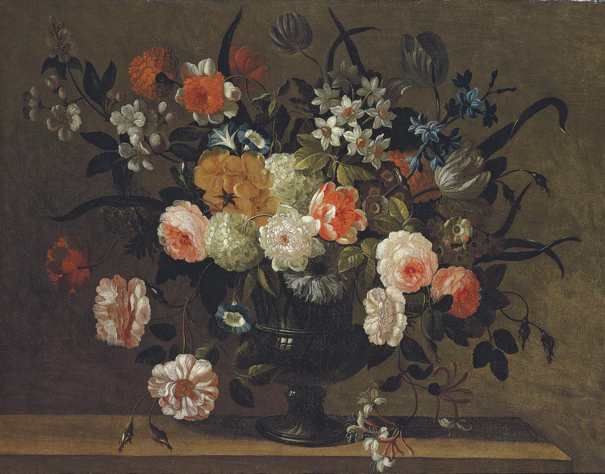 Simon Hardimé - Roses, Carnations, Morning Glory, Bluebells, Honeysuckle And Other Flowers In A Classical Urn On A Stone Ledge