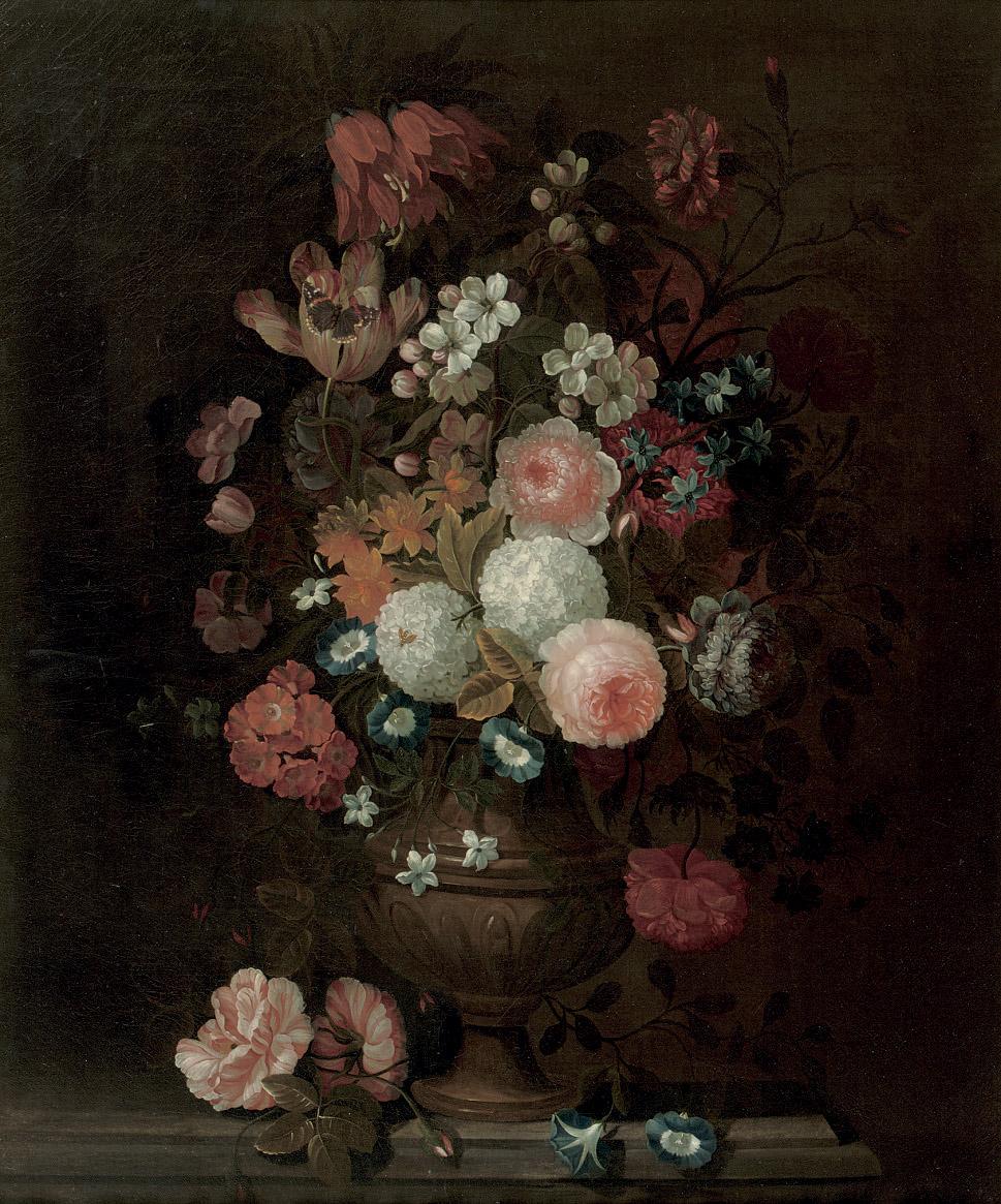 Simon Hardimé - Roses, tulips, carnations, morning glory and various other flowers in a vase, on a stone ledge