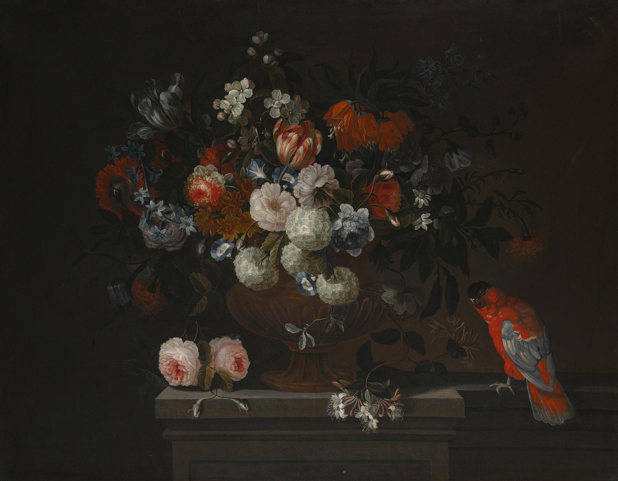 Simon Hardimé - Still Life Of Flowers With Roses, Tulips And Hydrangeas In A Bronze Urn On A Stone Pedestal, Together With A Parrot