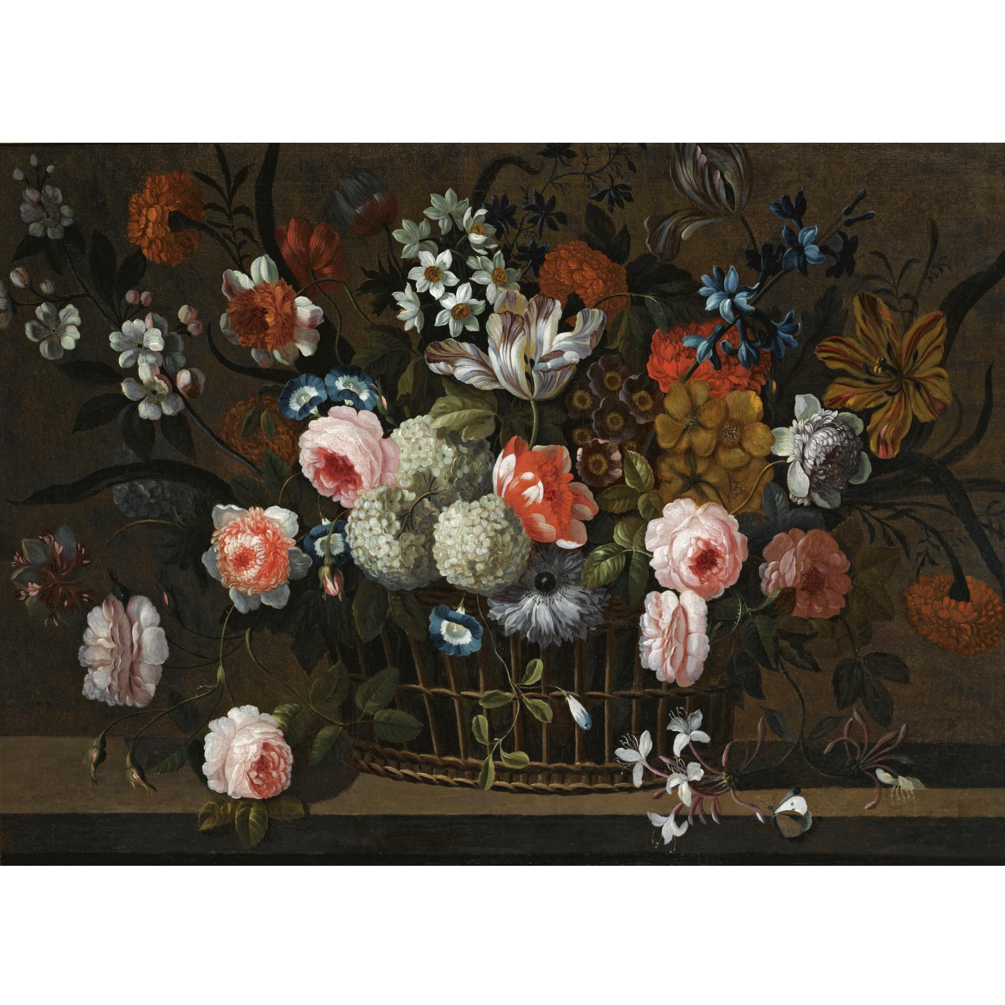 Simon Hardimé - Still Life Of Roses, Daffodils, Morning Glory, Hydrangea, Snowballs, And Other Flowers In A Basket On A Stone Ledge