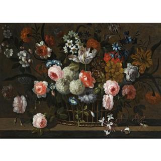 Simon Hardimé - Still Life Of Roses, Daffodils, Morning Glory, Hydrangea, Snowballs, And Other Flowers In A Basket On A Stone Ledge