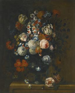 Simon Hardimé - Still Life Of Roses, Variegated Tulips, Peonies, Daffodils And Other Flowers In A Sculpted Vase