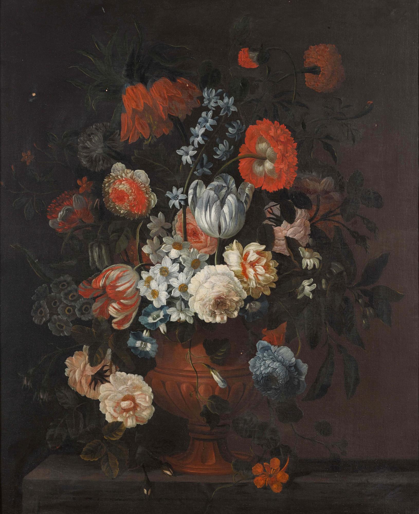 Simon Hardimé - Still Life Of Tulips, Narcissi, Roses, Peonies, Carnations And Other Flowers In A Vase On A Stone Ledge