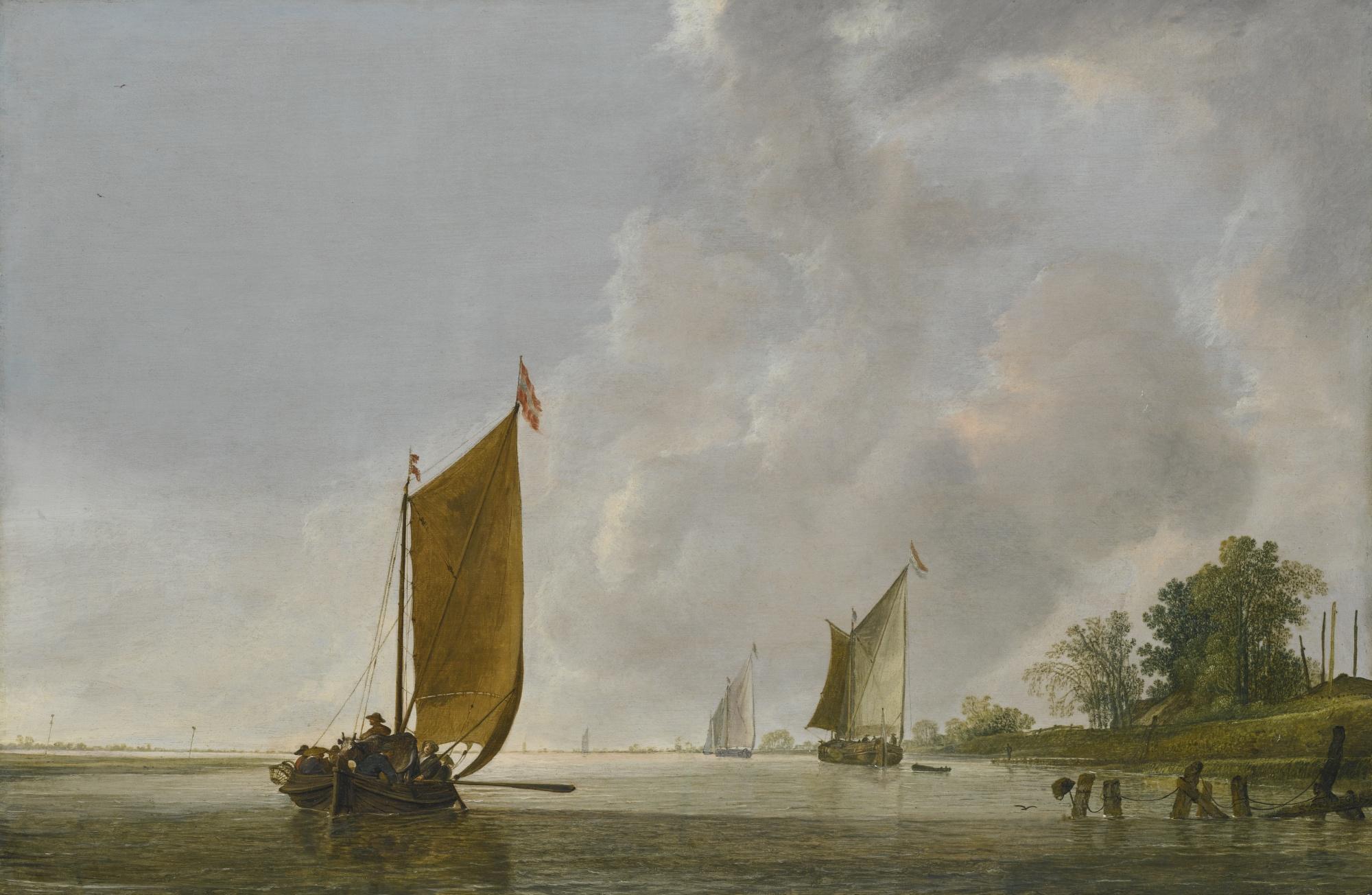 Simon Jacobsz. De Vlieger - A Calm Estuary At Dawn With A Dutch Kaag
