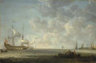 Simon Jacobsz. de Vlieger - A coastal landscape with Dutch frigates exchanging salutes offshore in a light breeze, by a pier with a frigate, a haring buis and other vessels, fishermen loading their catch in the foreground