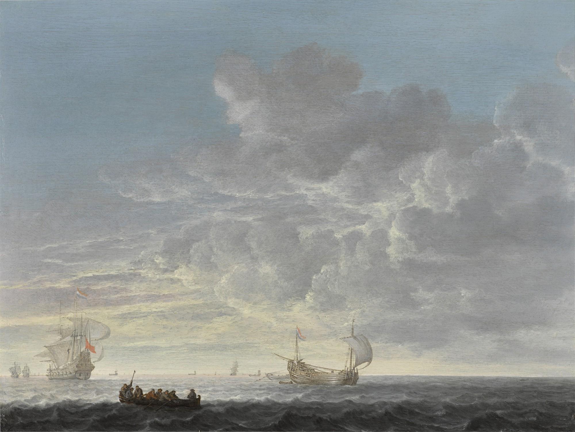 Simon Jacobsz. de Vlieger - A herring fleet with a man-o\'-war offshore in a light chop and gentle breeze