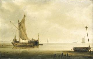 Simon Jacobsz. De Vlieger - A Smalschip And A Waterschip Anchored In An Estuary In A Calm, A Wherry By A Breakwater In The Foreground