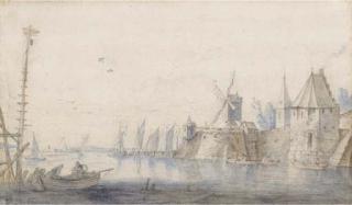 Simon Jacobsz. De Vlieger - A walled town with a windmill on the bank of an estuary with vessels moored beyond