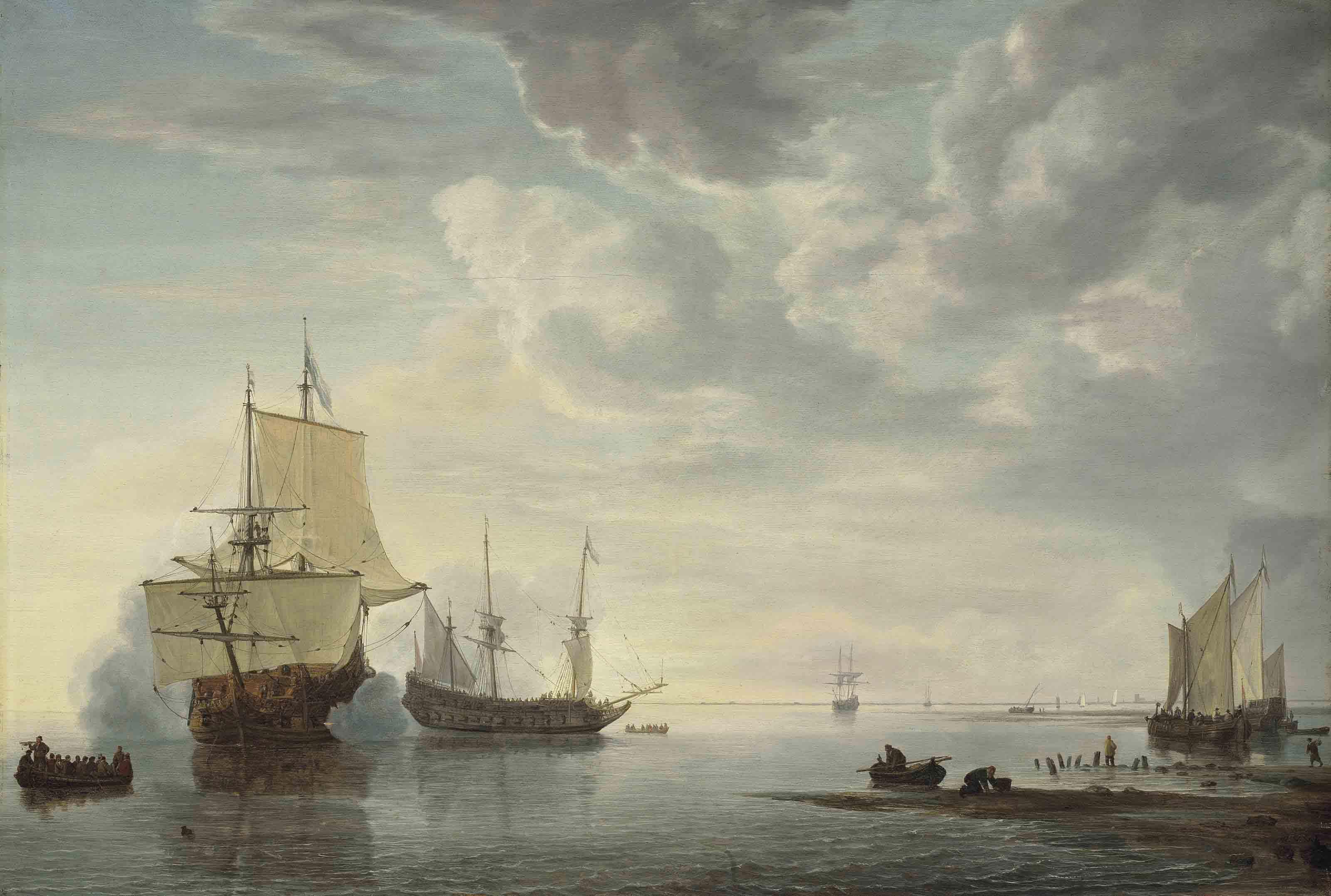 Simon Jacobsz. de Vlieger - Dutch frigates exchanging salutes in a calm, with yachts, a rowing boat, a sloop carrying personnel, and fishermen on the shore