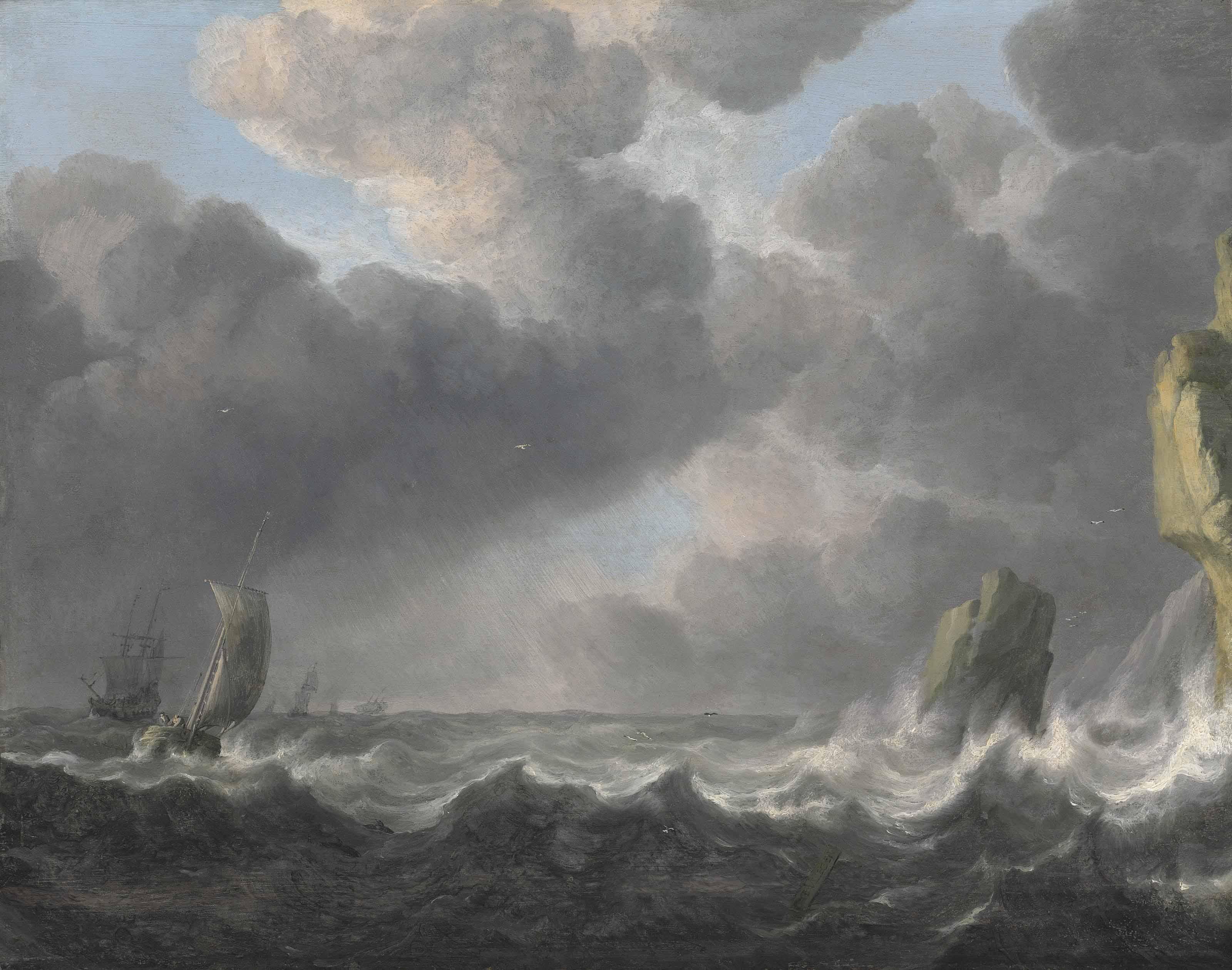 Simon Jacobsz. de Vlieger - Fishing Boats In A Squall Off A Rocky Coastline