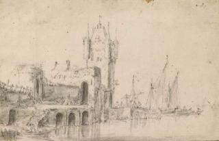 Simon Jacobsz. De Vlieger - Un château fortifié sur une rivière avec des bateaux