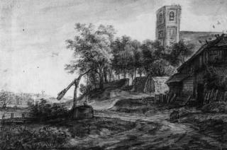 Simon Jacobsz. De Vlieger - View of a village road with a well by a church