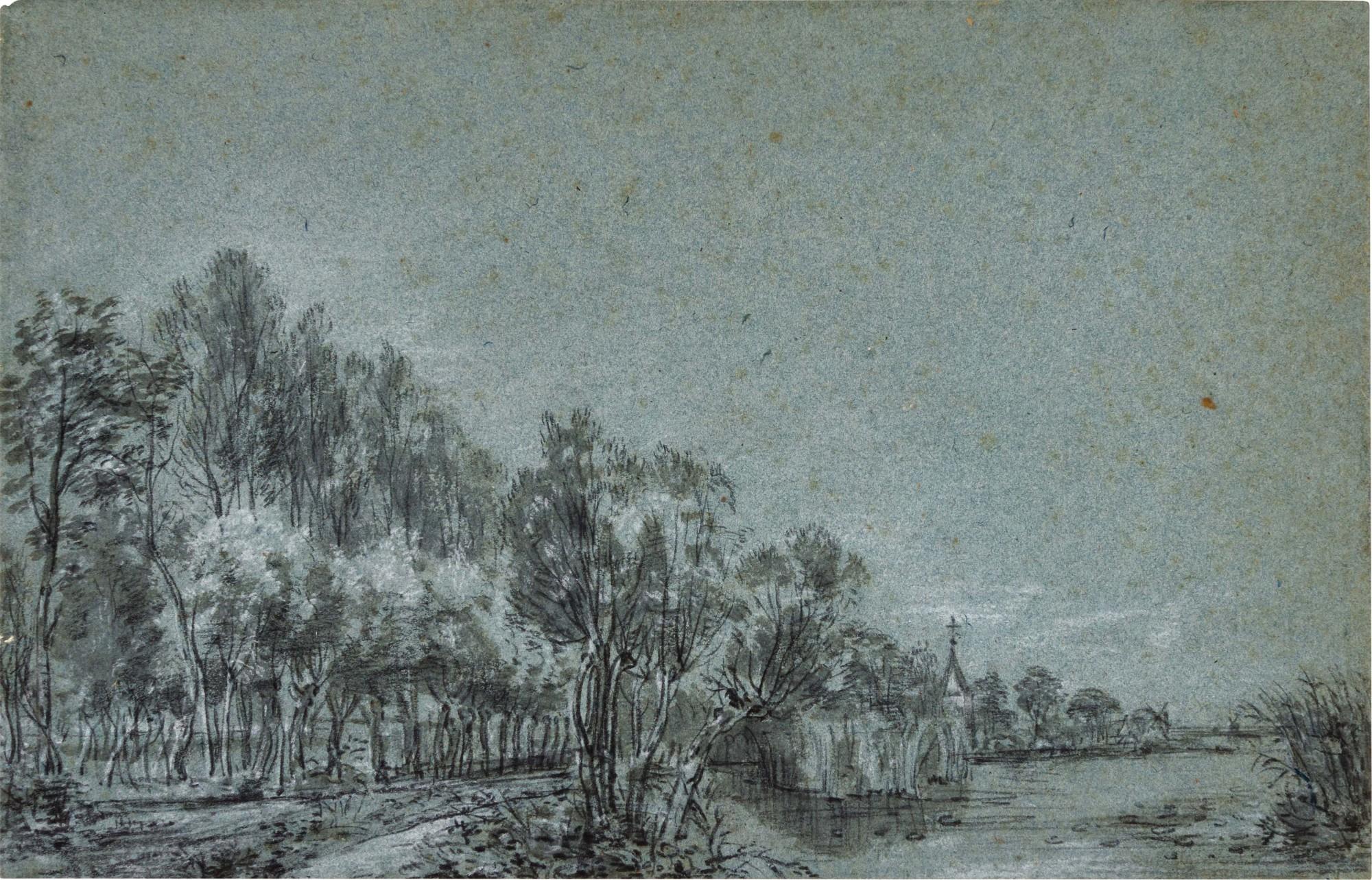 Simon Jacobsz. De Vlieger - Wooded River Bank, With A Church In The Distance