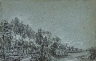 Simon Jacobsz. De Vlieger - Wooded River Bank, With A Church In The Distance