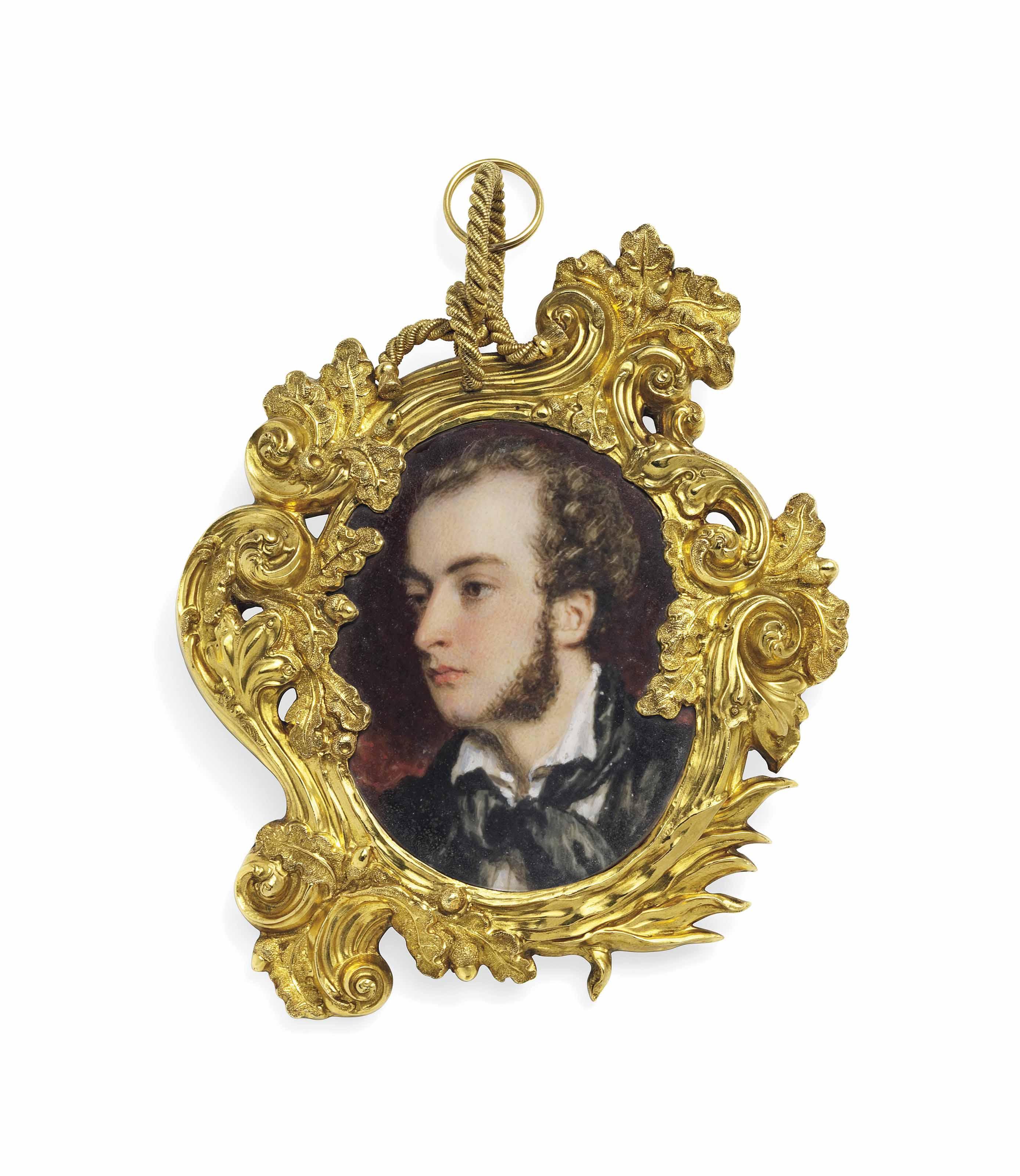 Simon Jacques Rochard - A Young Gentleman, In Black Coat, White Shirt, Black Tied Cravat, Dark Curling Hair And Sideburns; Red Curtain Background