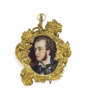 Simon Jacques Rochard - A Young Gentleman, In Black Coat, White Shirt, Black Tied Cravat, Dark Curling Hair And Sideburns; Red Curtain Background