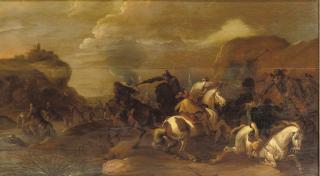Simon Johannes van Douw - A cavalry skirmish in a rocky l...