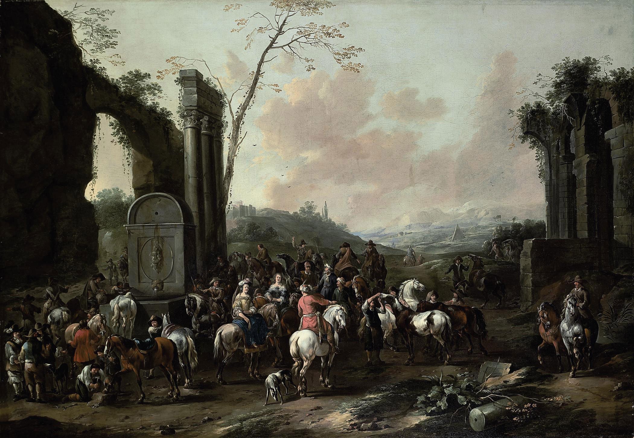 Simon Johannes van Douw - An Italianate landscape with travellers gathering by a fountain amongst classical ruins