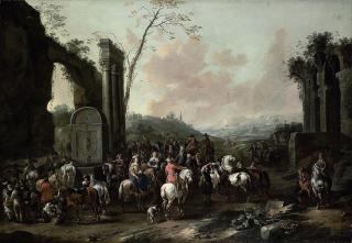 Simon Johannes van Douw - An Italianate landscape with travellers gathering by a fountain amongst classical ruins