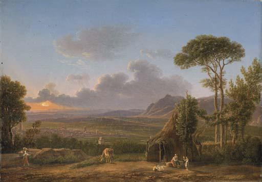 Simon-Joseph-Alexander-Clément Denis - An extensive Italianate landscape at sunset, with a peasant family by a hut