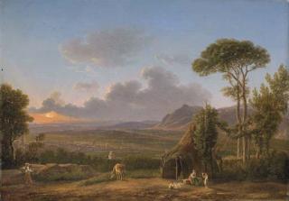 Simon-Joseph-Alexander-Clément Denis - An extensive Italianate landscape at sunset, with a peasant family by a hut