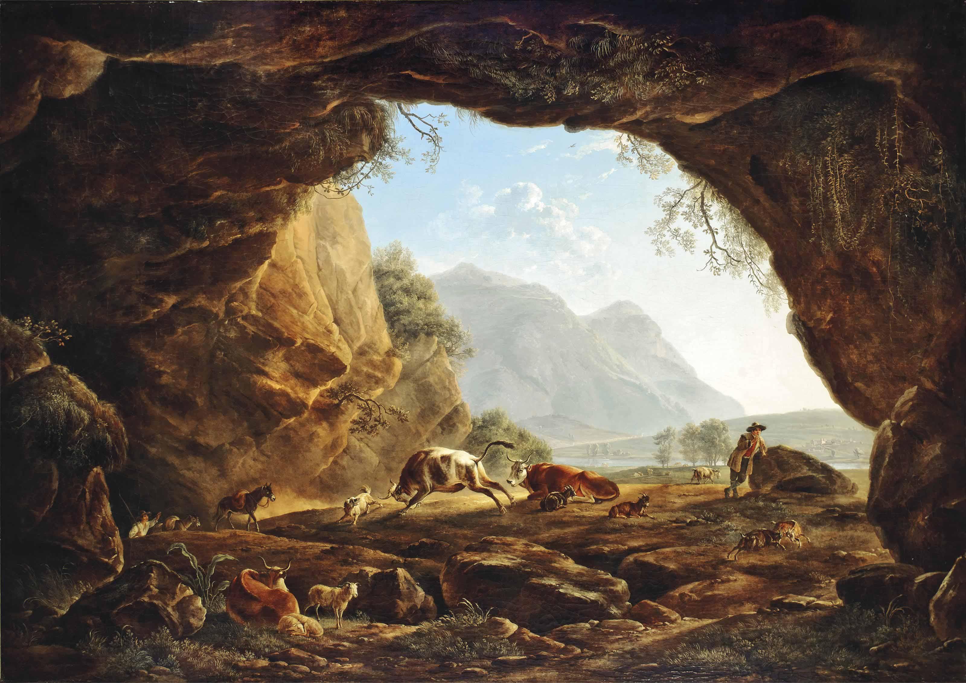 Simon-Joseph-Alexandre-Clément Denis - A bull chasing a dog with other animals in a classical Italianate landscape