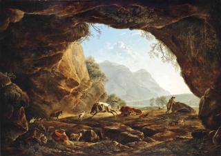 Simon-Joseph-Alexandre-Clément Denis - A bull chasing a dog with other animals in a classical Italianate landscape