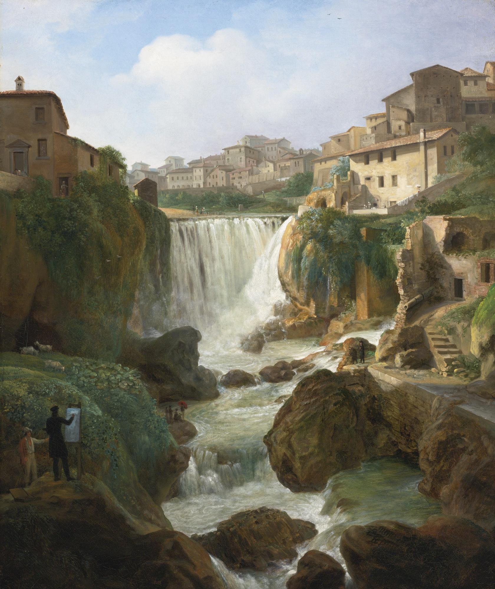 Simon-Joseph-Alexandre-Clément Denis - A View Of The Cascades At Tivoli With An Artist Sketching And Other Figures