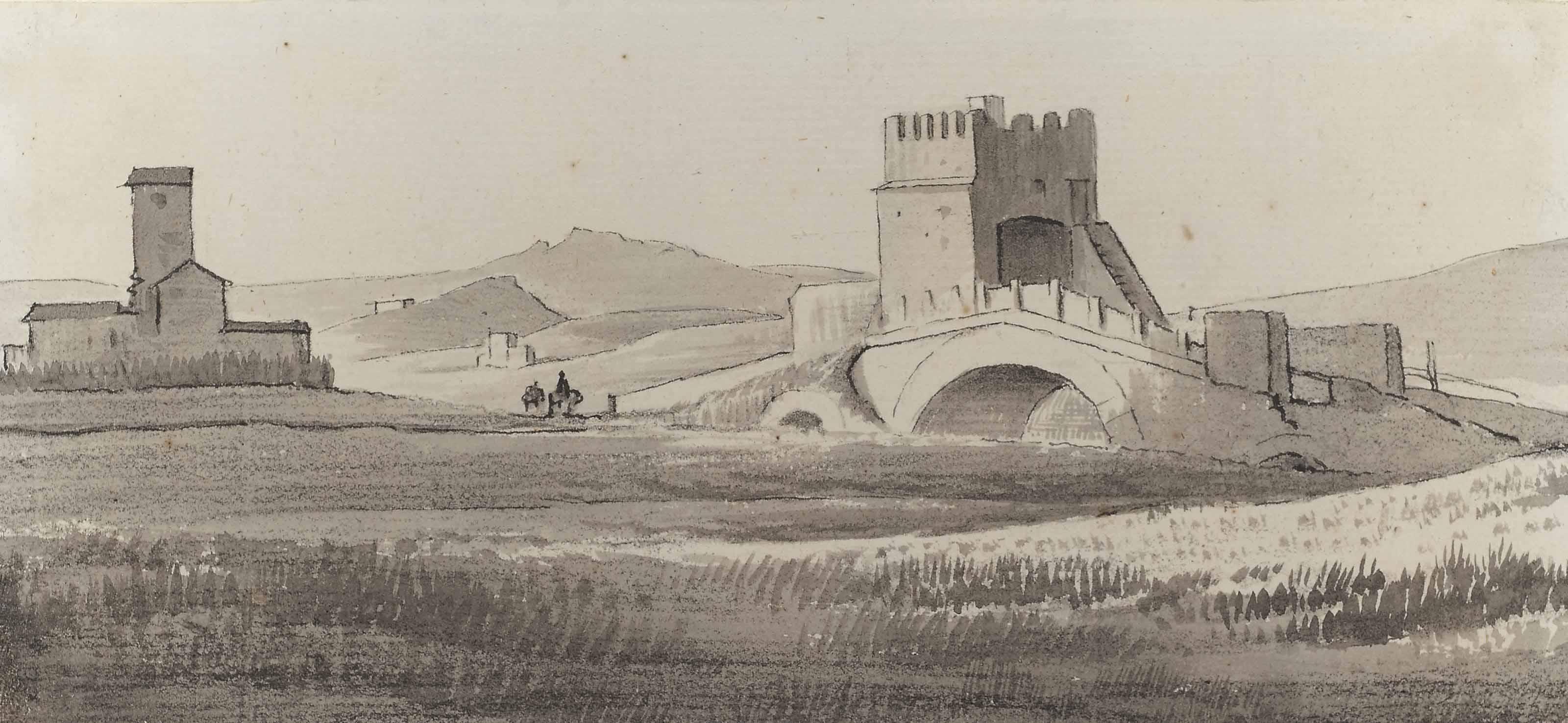 Simon-Joseph-Alexandre-Clement Denis - La campagne romaine avec vue sur l\'aqueduc Claudien; Le Palais Chigi à Ariccia; et Le pont Milvius