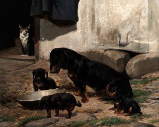 Simon Ludvig Ditlev Simonsen - A dachshund family in the yard, watched over by a cat
