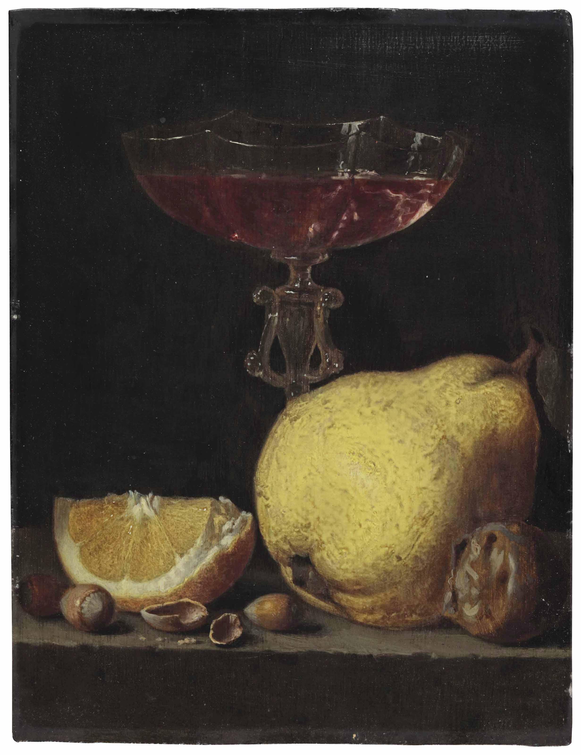 Simon Luttichuys - A Façon De Venise Glass, An Orange Quarter, Acorns, A Quince And A Medlar On A Stone Ledge