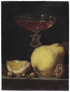 Simon Luttichuys - A Façon De Venise Glass, An Orange Quarter, Acorns, A Quince And A Medlar On A Stone Ledge