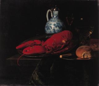 Simon Luttichuys - A lobster, a bun and a knife on a pewter plate, a roemer, a wine glass and a Delft jug with a Chinese blue and white silver mounted ewer on a draped ledge