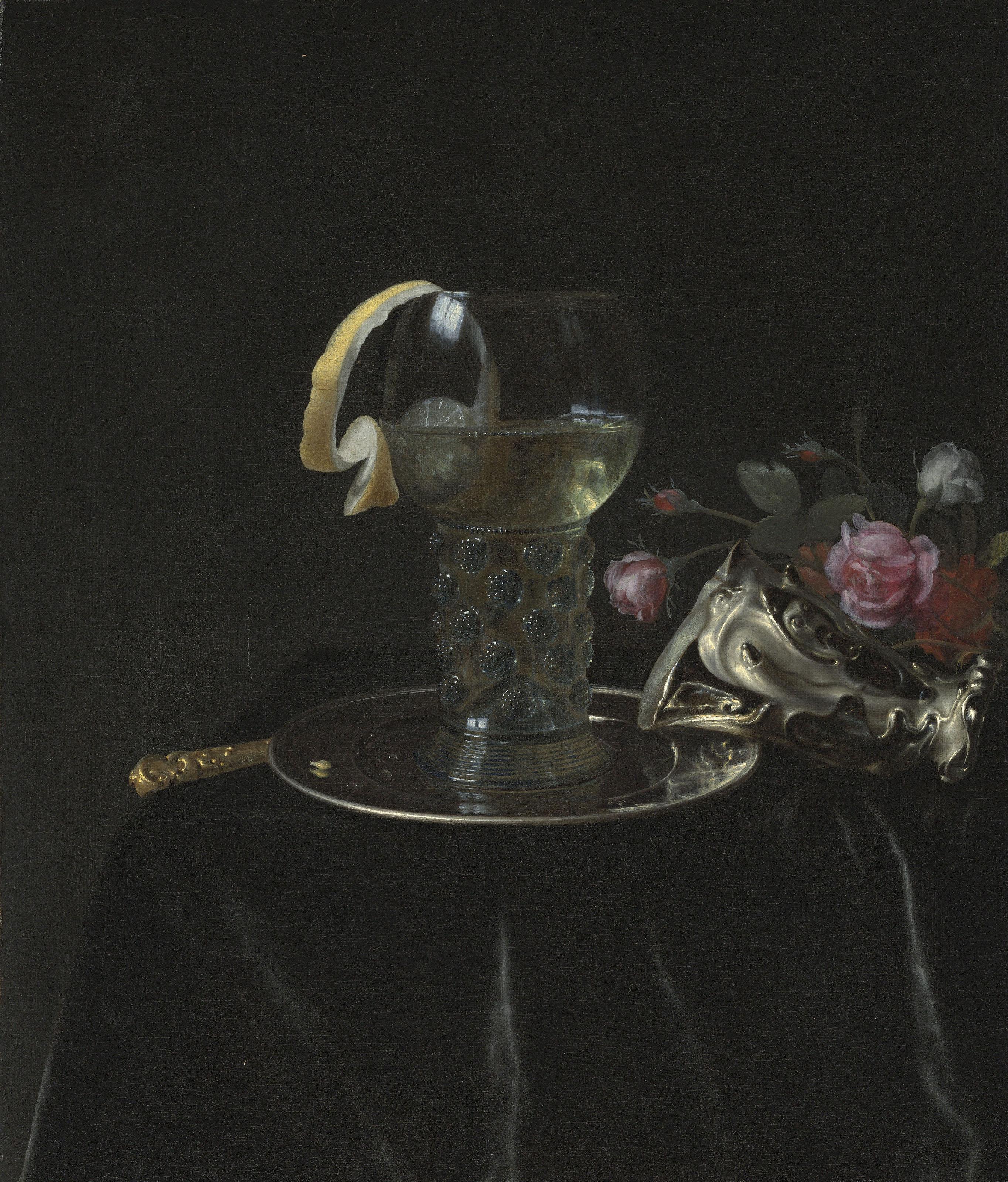 Simon Luttichuys - A roemer of sweet wine on a pewter plate, with flowers and an auricular silver vase, on a draped table