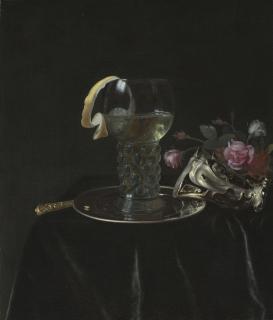 Simon Luttichuys - A roemer of sweet wine on a pewter plate, with flowers and an auricular silver vase, on a draped table